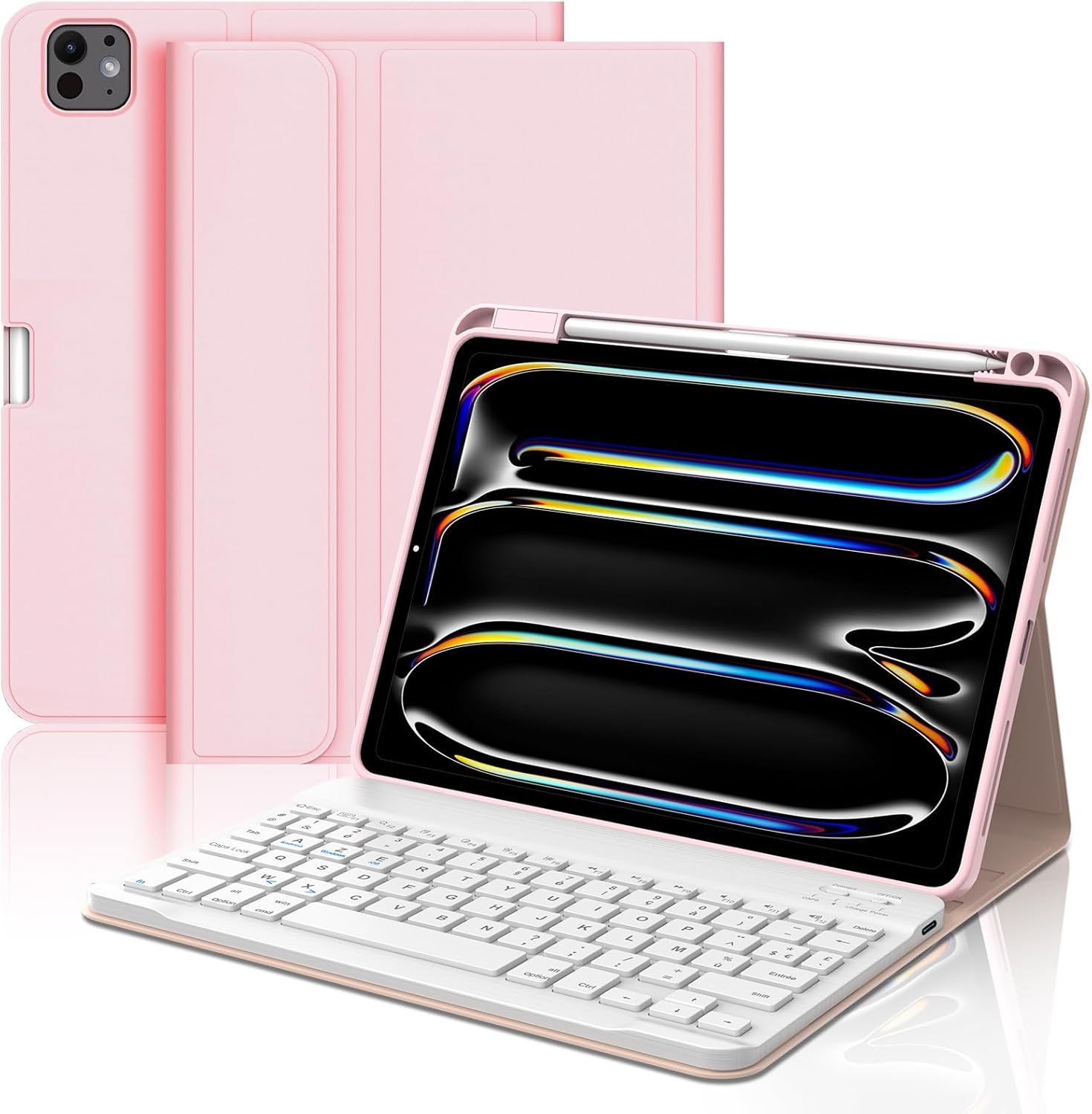 Coque Clavier Ipad Pro 11 Pouces 2024, Coque Clavier Pour Ipad Pro 11 Pouces M4, Détachable Sans Fil Bluetooth Clavier Azerty Pour Ipad Pro 11 2024, Rose