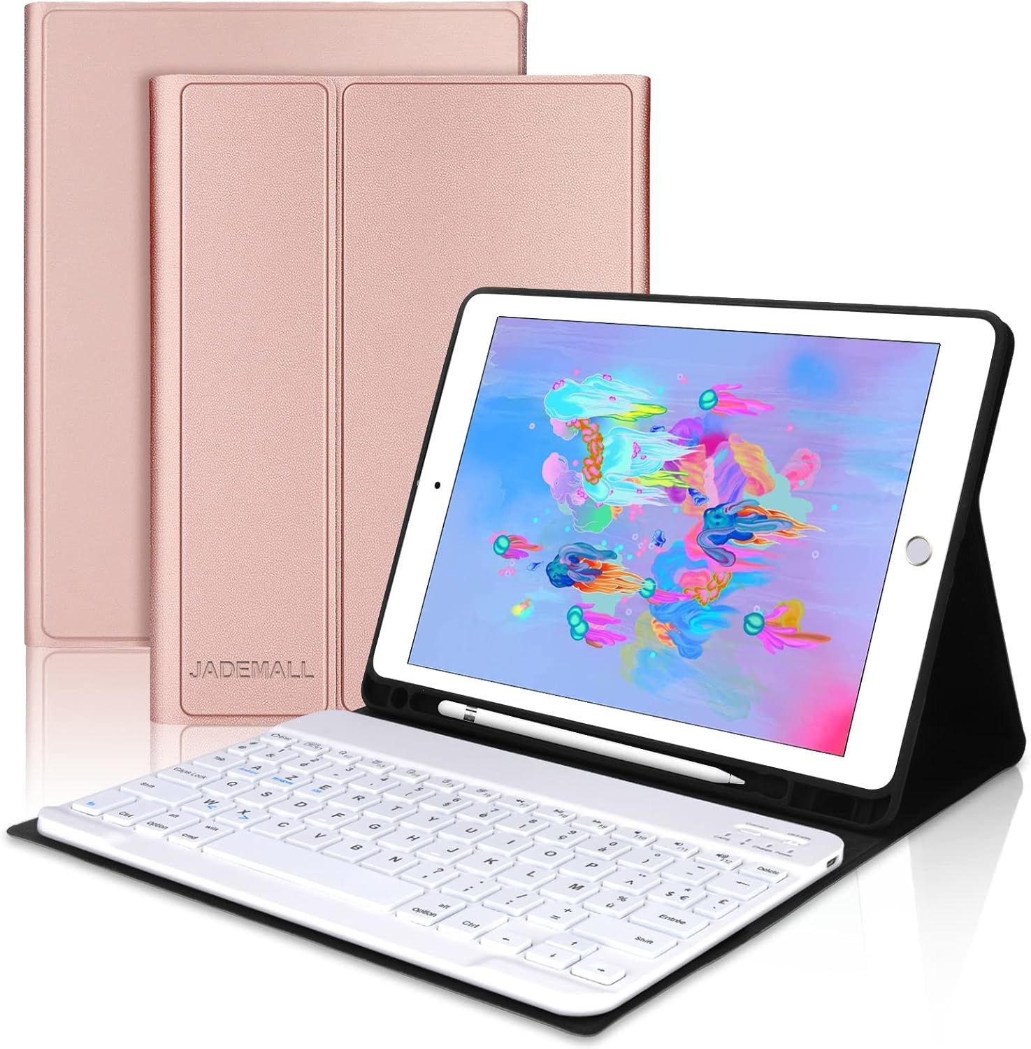 Étui Clavier Pour Ipad 9.7"", Ipad 6eme Generation 2018/Ipad 5eme Generation 2017, Ipad Air 2/1, Ipad Pro 9.7, Clavier Azerty Français Bluetooth Avec Fente Pour Stylo, Or Rose