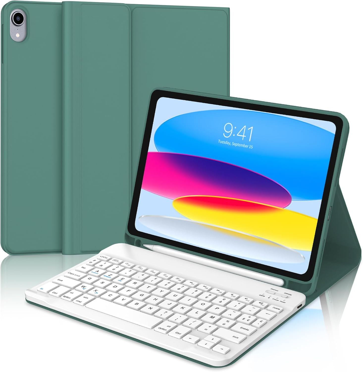 Clavier Ipad 10eme Generation 10.9"" 2022 - Coque Clavier Ipad 10eme Generation, Azerty Français Clavier Bluetooth Détachable Clavier Pour Ipad 10 Ème Génération A2696/ A2757/ A2777, Vert Foncé