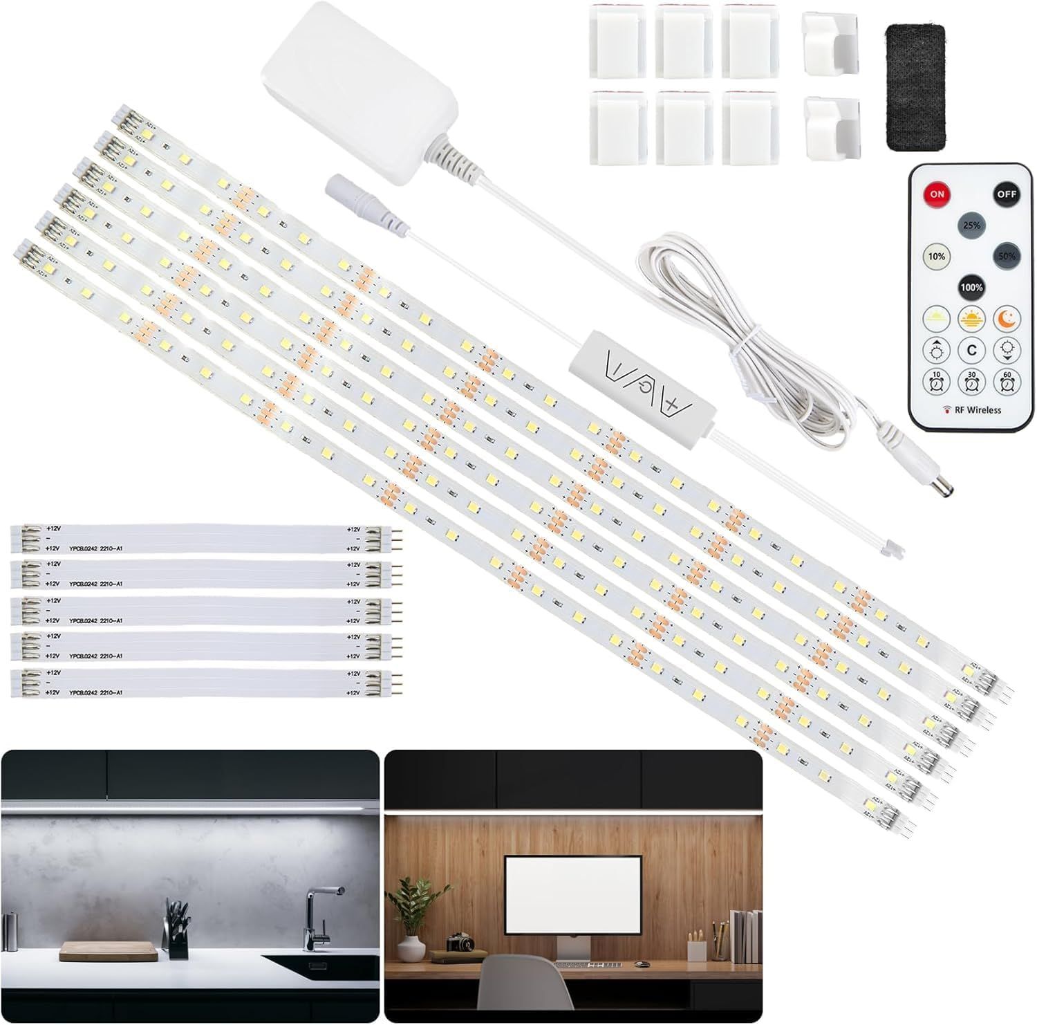 Ruban LED Blanc Froid 3 Mètres, Bande Lumineuse Sous Armoire de Cuisine Kit d'Éclairage LED avec Télécommande RF pour Vitrine, Cuisine, Bureau, Étagère, Placard, 6500K