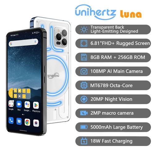 Unihertz Luna 4G Smartphone Lumière Ambiante Rythmée 8Gb 256Gb 108Mp Téléphones À Vision Nocturne 5000 Mah Double Sim Nfc Gps- Blanc