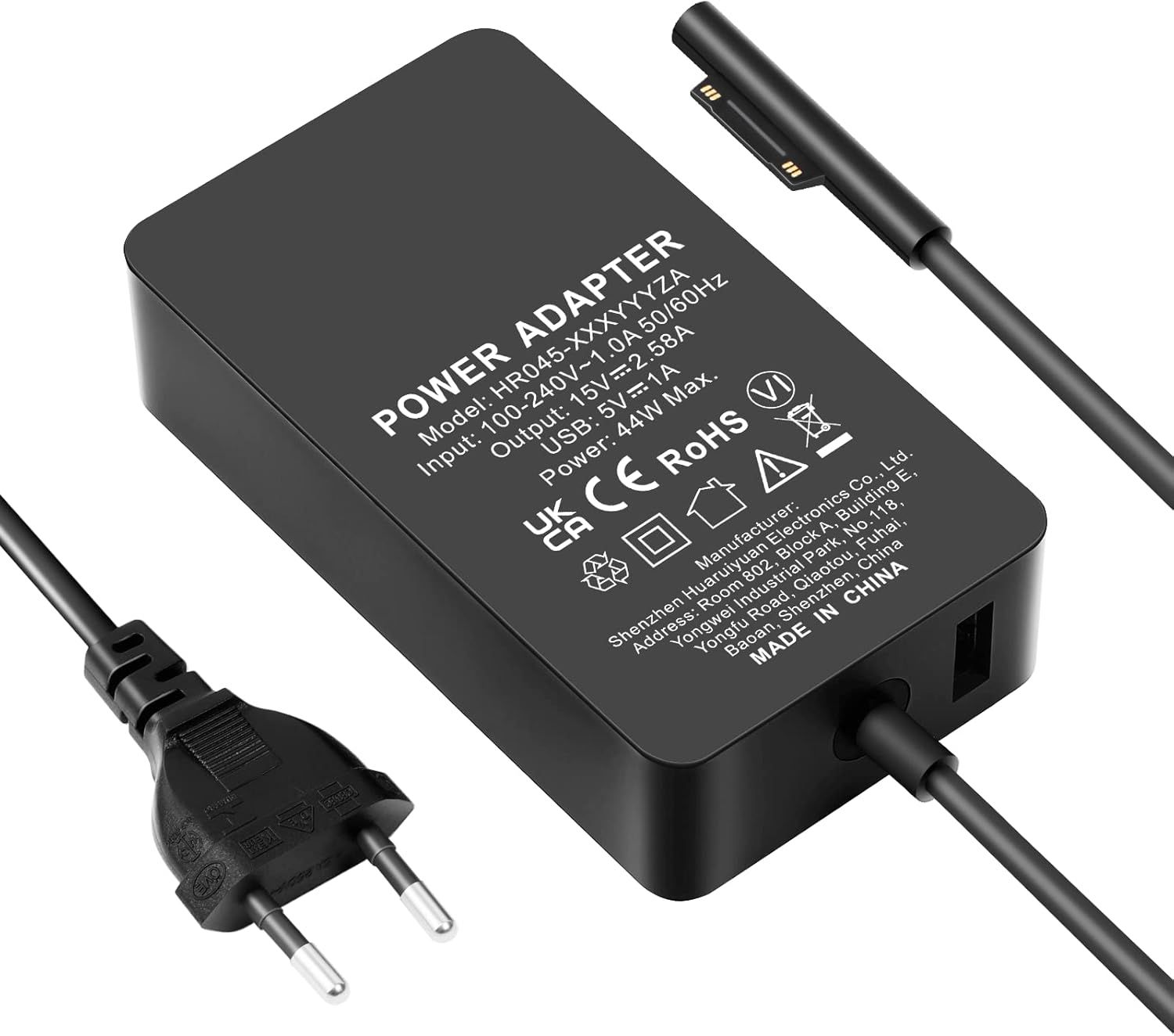 Câble de chargement/Surface Pro 44 W 15 V 2,58 A Adaptateur secteur pour Microsoft Surface Pro Surface Laptop Surface Pro 3/4/5/6, Surface Laptop Book, Go, avec port USB 5 V 1 A et câble