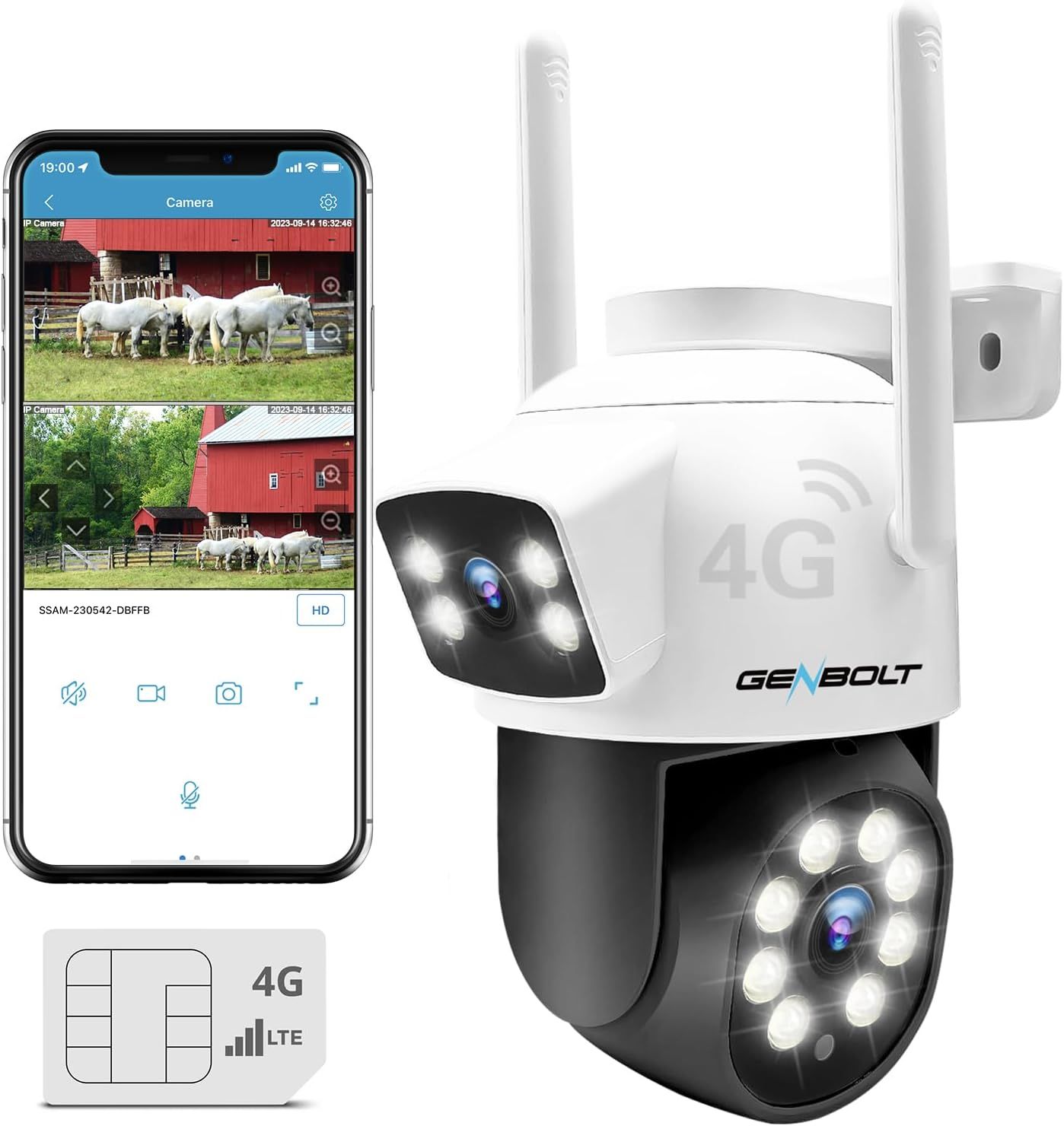 3G/4G LTE Caméra Surveillance sans WiFi, Caméra Extérieure Double Objectif avec Carte Sim, PoE PTZ CCTV IP Camera 4G Cellulaire Détection Humaine Nuit Couleur Suivi Auto, Stockage Cloud