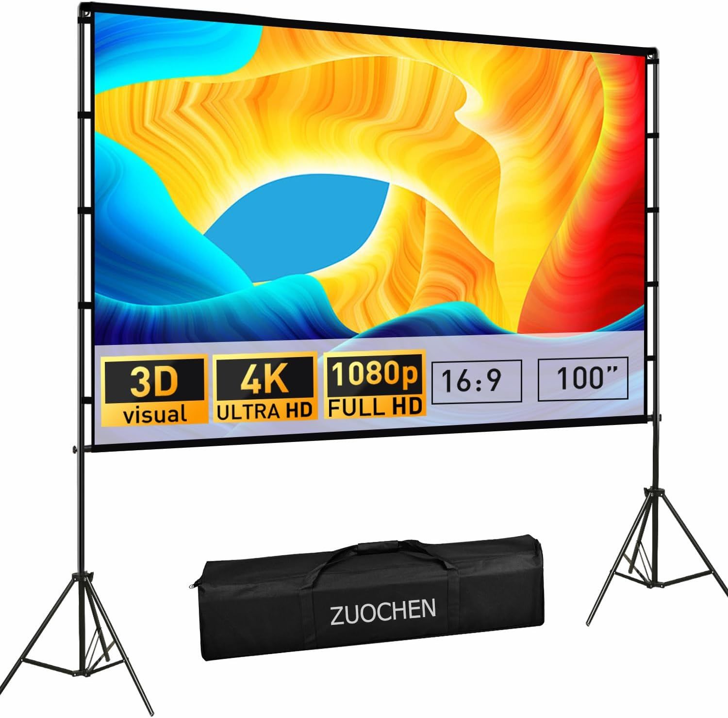 Ecran De Projection Avec Support, 100"" Ecran Videoprojecteur Hd 16 9 Sans Plis, Écran Projection Extérieur Avec Sac De Transport Pour Camping, Arrière-Cour, Cinéma Maison