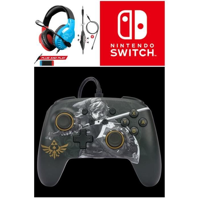 Manette filaire SWITCH ZELDA Battle-Ready Link Officielle Nintendo avec Câble USB détachable + CASQUE SWITCH ROUGE ET BLEU