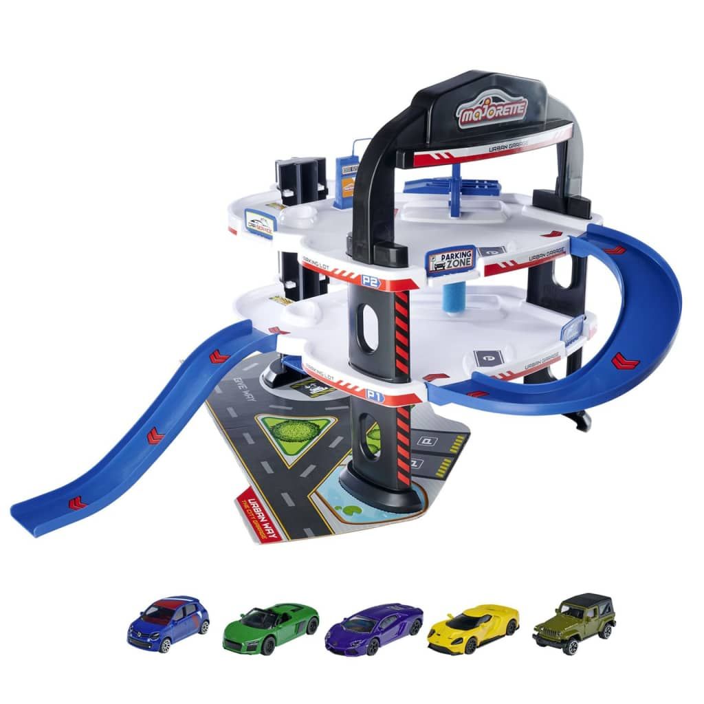 Majorette Urban Garage – Garage de stationnement avec 5 Voitures Jouets en métal Grand Parking à 3 Niveaux Station Service Atelier Ascenseur Station de Lavage