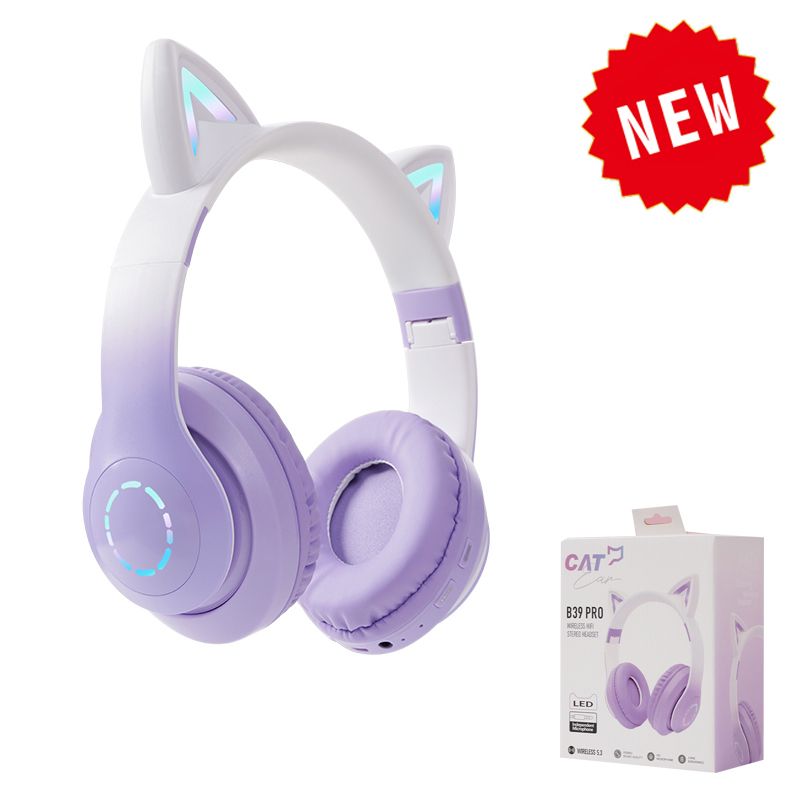 Casque sans fil Bluetooth chat oreille lueur lumiere stéréo basse casques enfants Gamer fille cadeaux PC téléphone casque de jeu-B39B Pro violet