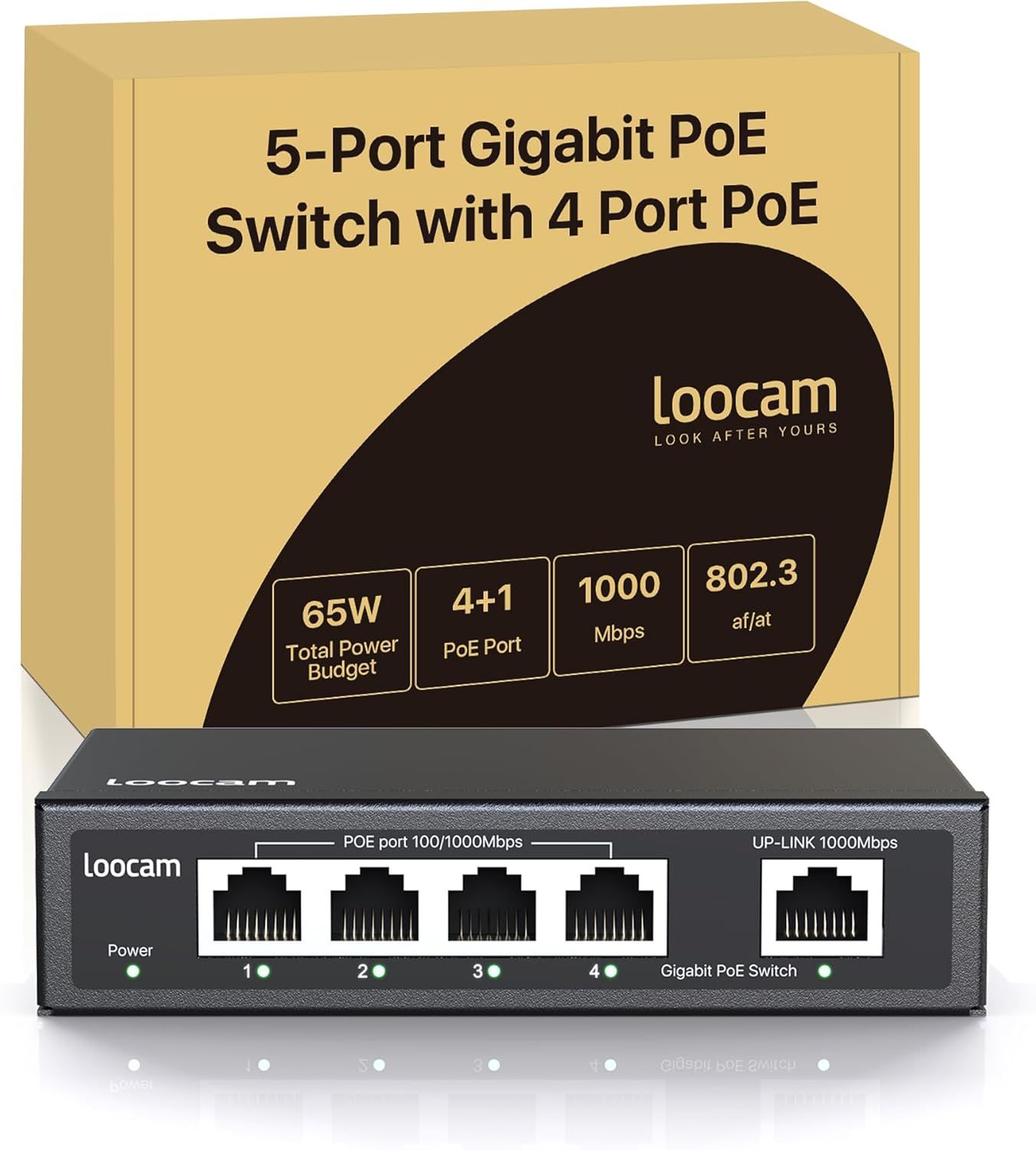 PoE Switch 4 PoE Gigabit Ports avec 1 Gigabit Uplink Port,PoE+ 1000Mbps Ethernet Réseau Switch Non géré,RJ45 65W IEEE802.3af/at,Durable Metal Enclosure,Plug & Play