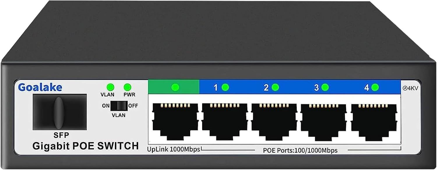 Switch PoE 6 Ports Gigabit,4 Ports PoE+52W,1 Gigabit Uplink,1 Gigabit SFP,IEEE 802.3af/at,Plug et Play,VLAN,Idéal pour Les Projets de Surveillance IP,Position Bureau/Mur