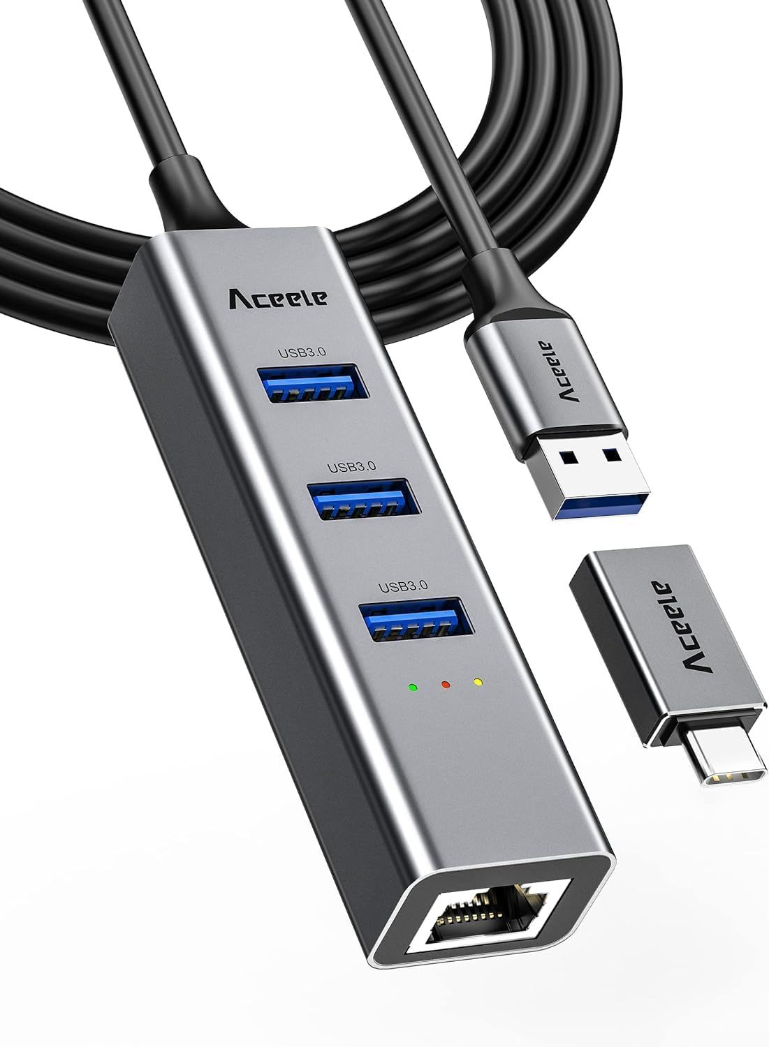 Hub USB 3.0 Ethernet,Câble d'extension de 3.3ft,Répartiteur C pour Adaptateur USB Rj45 en Aluminium avec 1 Port LAN RJ45,3 Ports de données USB et Un Adaptateur C USB pour Macbook,Surface