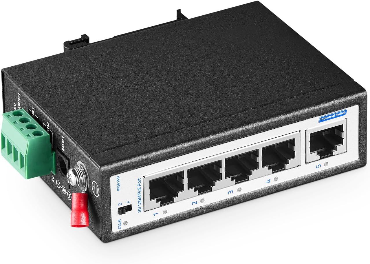 5 Port PoE+ Industrial DIN-Rail Switch,4 Ports PoE+ et 1 Uplink,10/100Mbps Fast Ethernet,Din Rail & Wall Mount Included,Unmanaged IP30 Industrial Switch