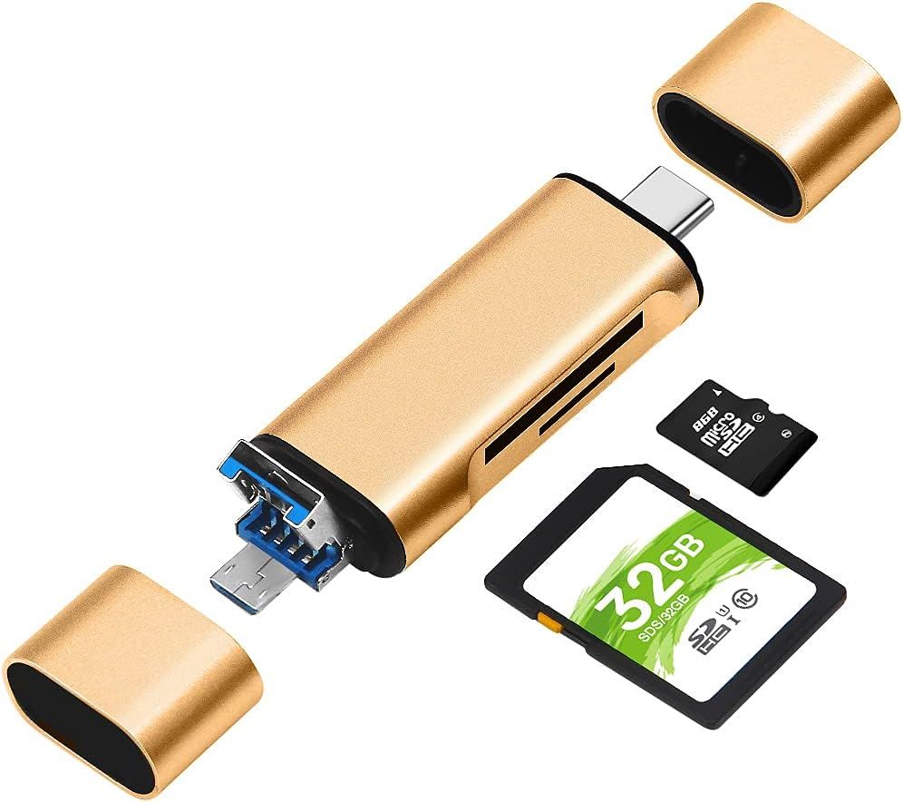 Lecteur de Carte SD/Micro SD, BorlterClamp Lecteur de Carte Mémoire 3 en 1 avec Adaptateur OTG USB C MicroUSB Compatible avec PC, Ordinateur Portable, MacBook, Tablette, Smartphone (Or)