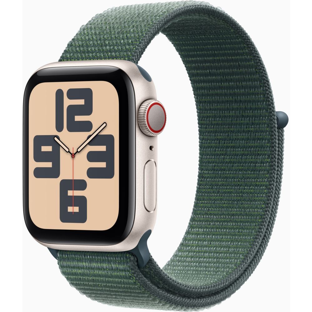 Apple Watch SE GPS + Cellular (2024) 40 mm Aluminium Lumière Stellaire Bracelet Sport Textile Vert Lacustre