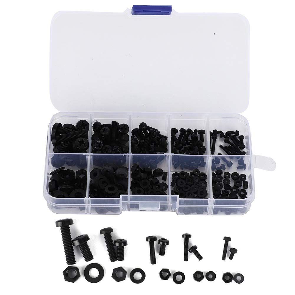 270pcs M2 M2.5 M3 M4 M5 Vis de Fixation en Nylon Boulons Écrous Rondelles Kit, Vis Écrous Entretoises Assortiment Kit avec Boîte en Plastique (Jeu de vis en nylon noir 270pcs)