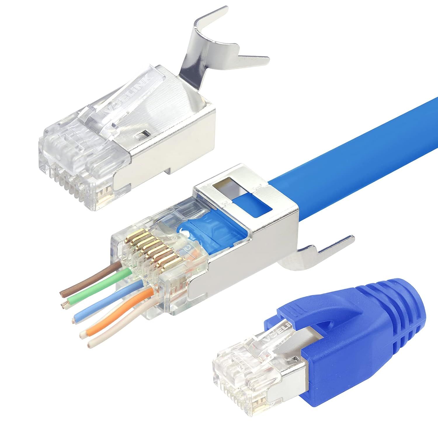 (2Ème Génération Connecteur Rj45 Cat7 Cat6A Fiche Réseau Pass Through Rj45 Pour Câble De Pose Blindé Avec Guide Du Fil Et Protection Anti-Torsion Lot De 10