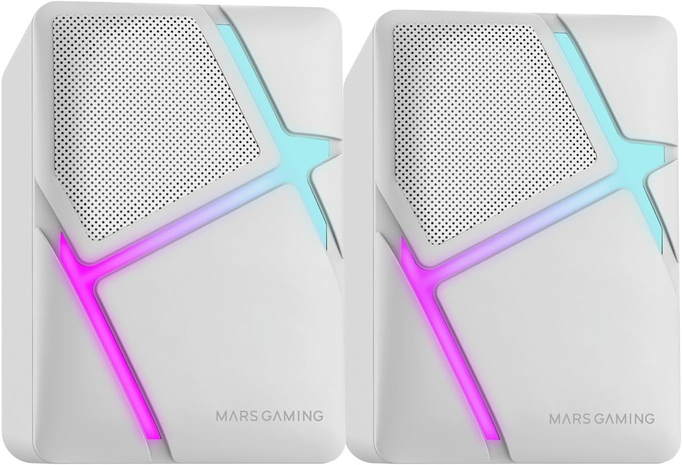 Haut-parleurs Gaming RGB Flow, Drivers Inversés et Son 3D-Surround 10W, Haut-parleurs Compacts avec Boîtier de Contrôle du Volume, Connexion Universelle Jack 3.5mm, Blanc