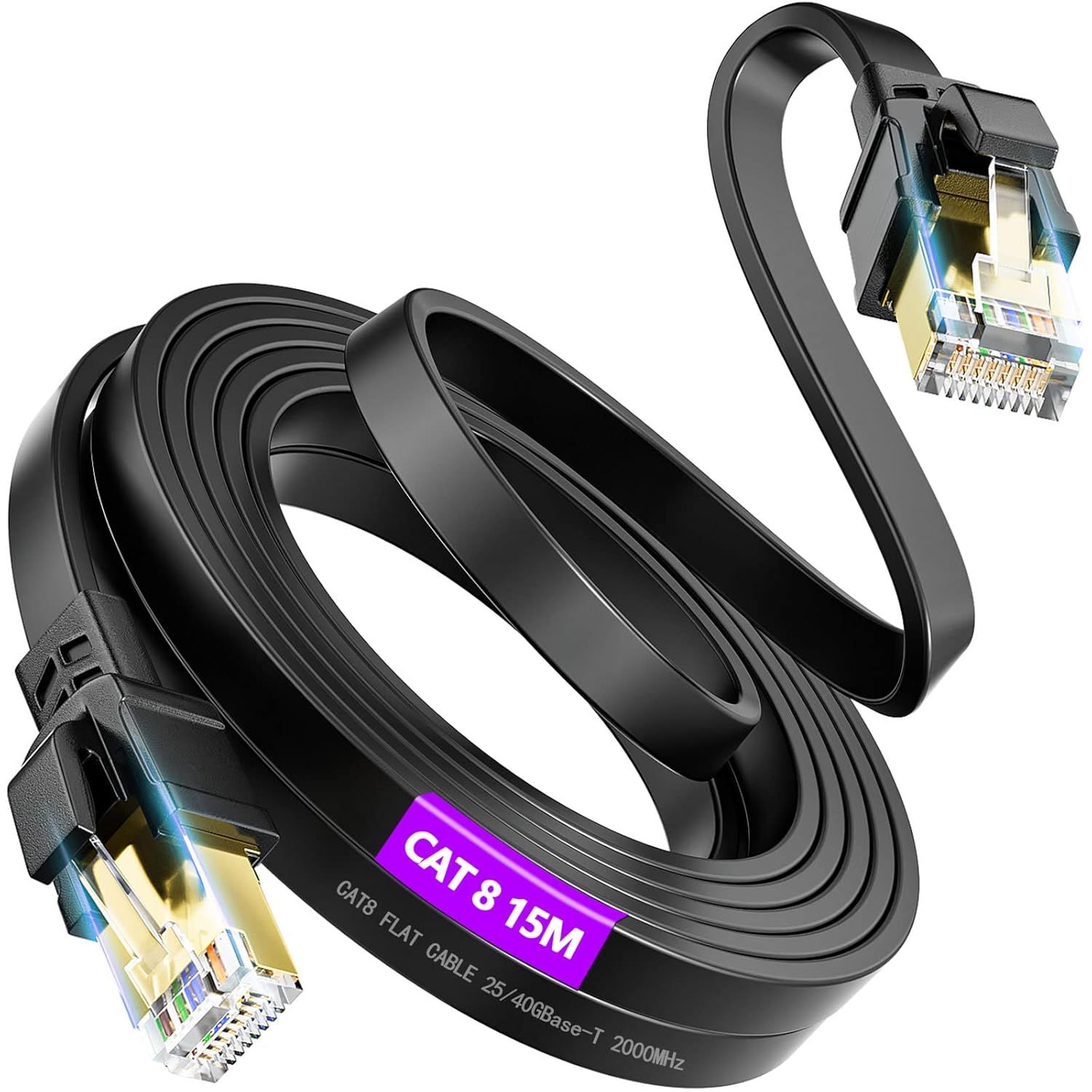 Cable Ethernet 15m,Cat 8 Cable Réseau RJ45 Blindé Haut Debit 40Gbps 2000MHz Gigabit Plat Câble Internet Noir 15 Mètres Cable LAN pour Modem Routeur