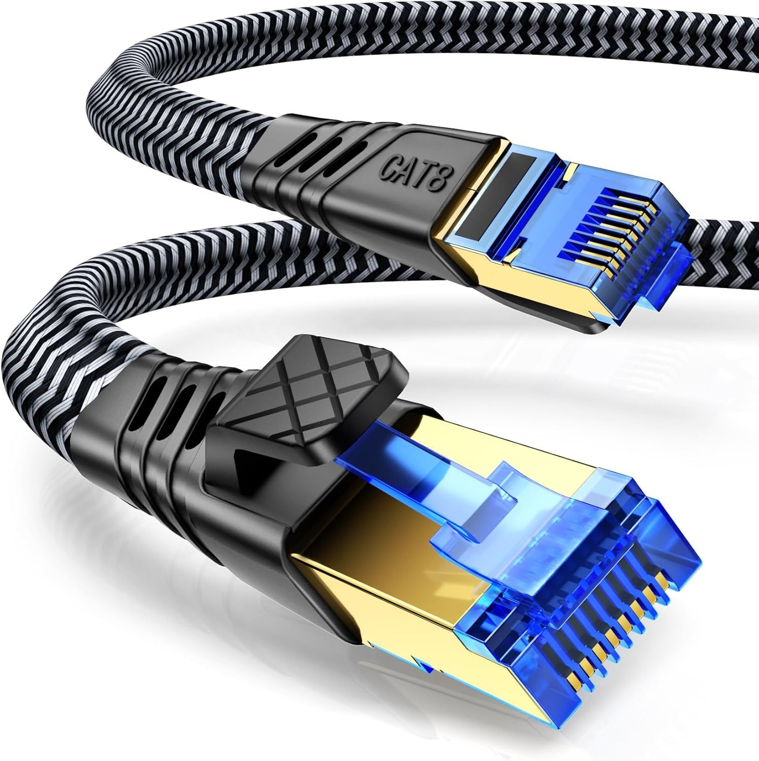 Cat 8 Câble Ethernet,5M Cat 8 RJ45 Cable Super Débit Réseau Lan Patch 40Gbps 2000MHz Plat Nylon Tressé Câble Internet Compatible avec Routeur,Switch,Modem,TV,PS5/4,Xbox,PC