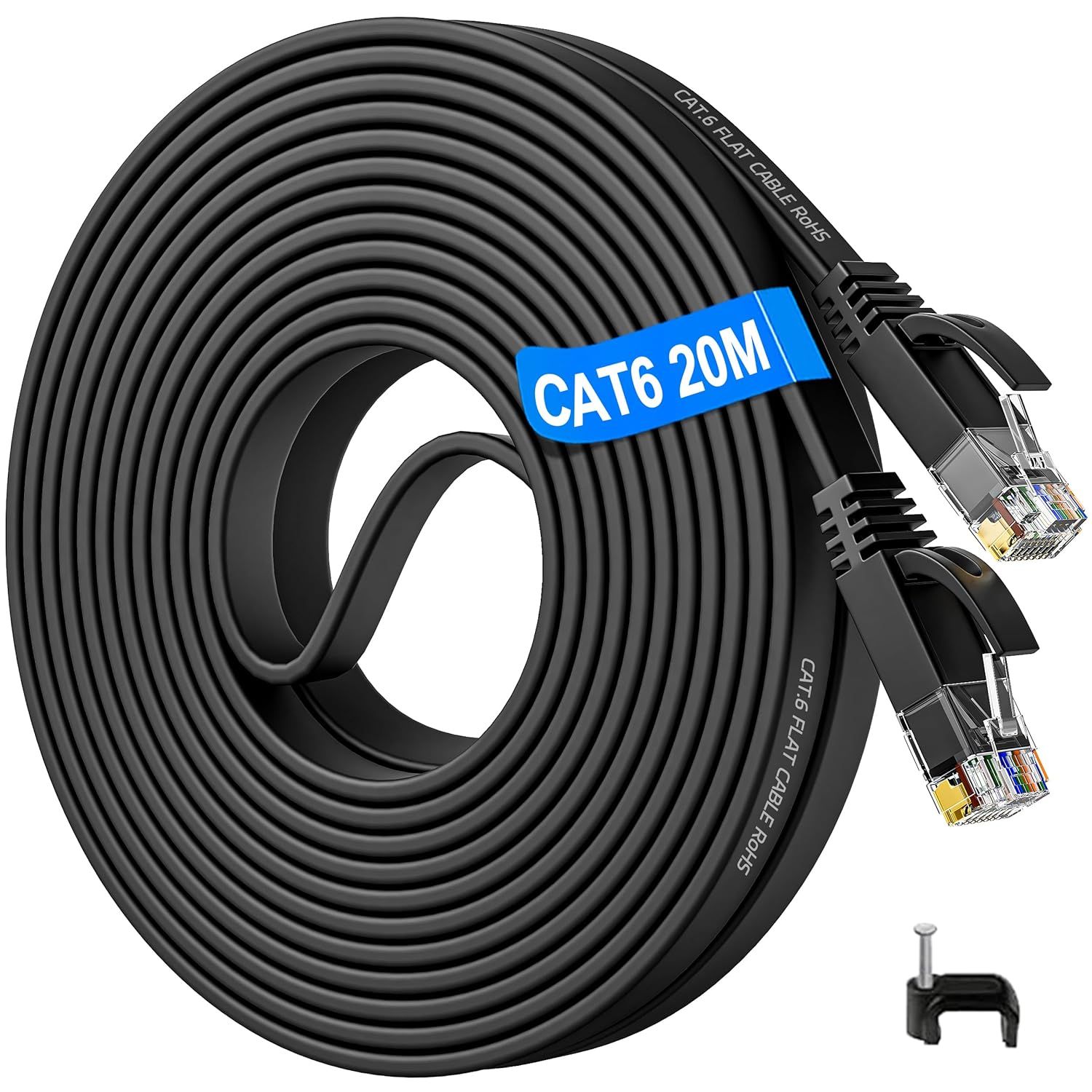 Câble Ethernet 20m,Câble Réseau Plat Cat 6 Cable RJ45 Haut Débit Fibre 1000Mbits LAN Cable Ethernet 20m,Gigabit Fil Ethernet Noir Cable Internet Très Long 20 Mètres pour Switch Routeur