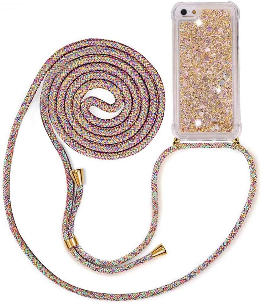 Collier Pour Iphone 7/8/Se 2020 Coque-Dégradé Glitter Liquide Filles Femmes Étui Étincelle Étui À Bandoulière Et Cordon Collier Avec Réglable Cordon Lanière Pochette Pour Telephone Portable