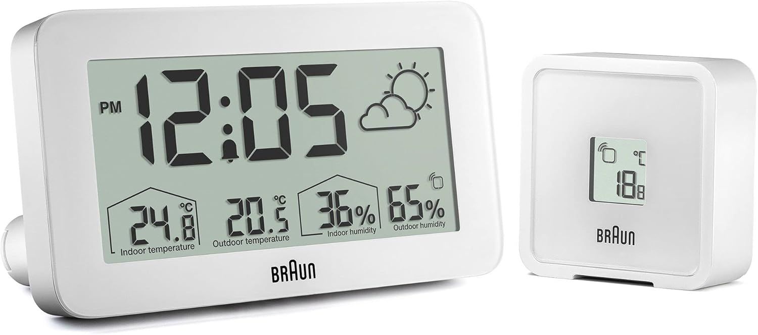 Station Meteo Numerique Reveil Avec Indicateur De Temperature Et D'Humidite,Previsions Meteo,Ecran Lcd,Reglage Rapide,Alarme Sonore Crescendo En Blanc,Modele Bc13Wp.