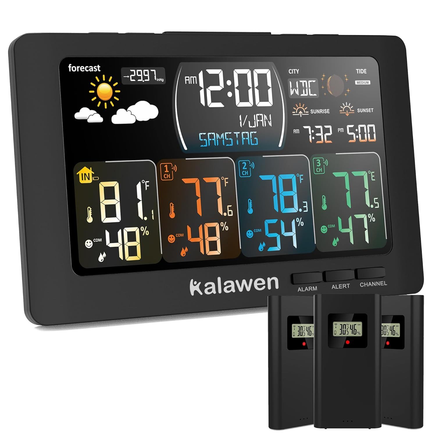 Station Meteo Radio Avec 3 Capteurs Exterieurs-Temperature Interieure Et Exterieure-Hygrometre Radio-Reveil D'Humidite Rcc Dcf