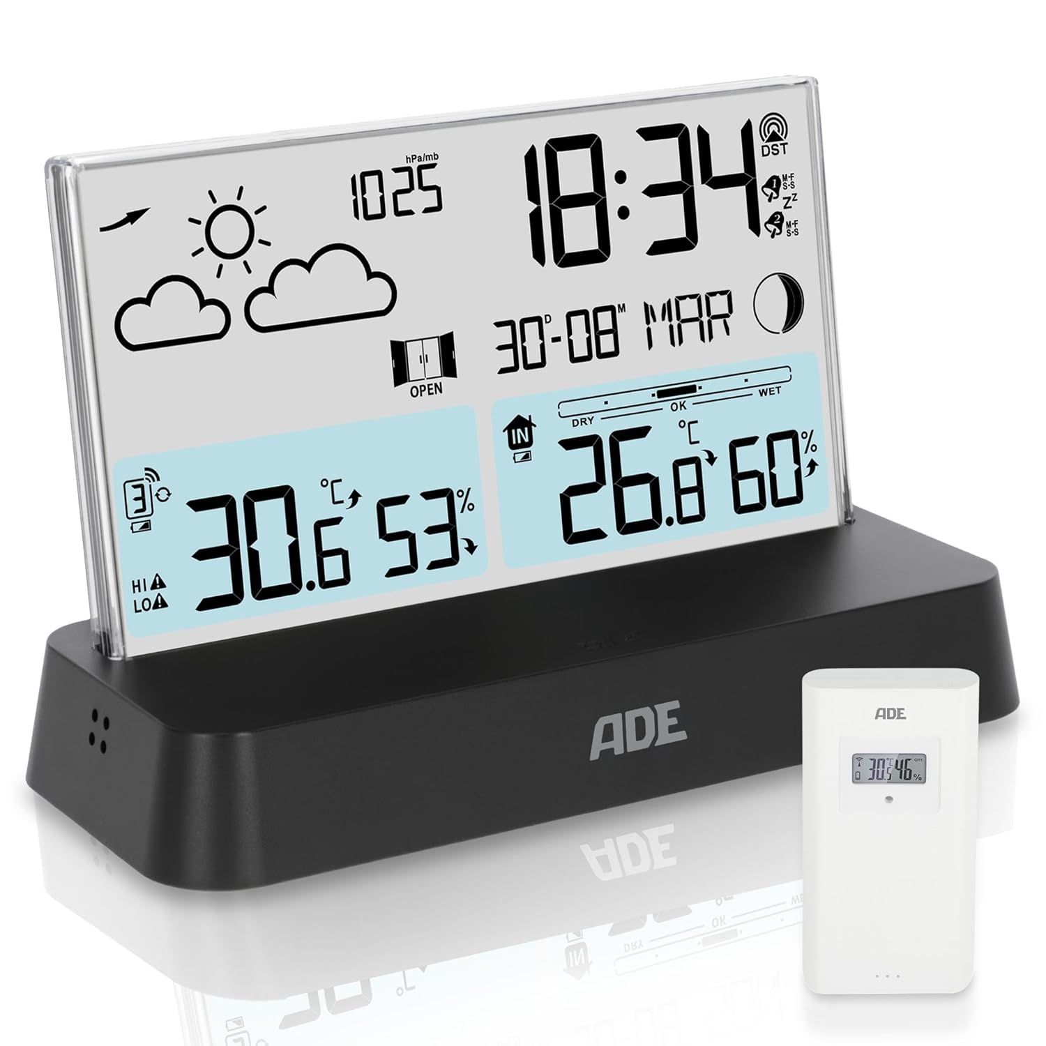 Station Meteo Numerique Avec Capteur Exterieur|Temperature Interieure Et Exterieure|Hygrometre,Barometre,Thermometre|Calendrier Et Phases De Lune|Reveil Radio|Avec Eclairage|Noir