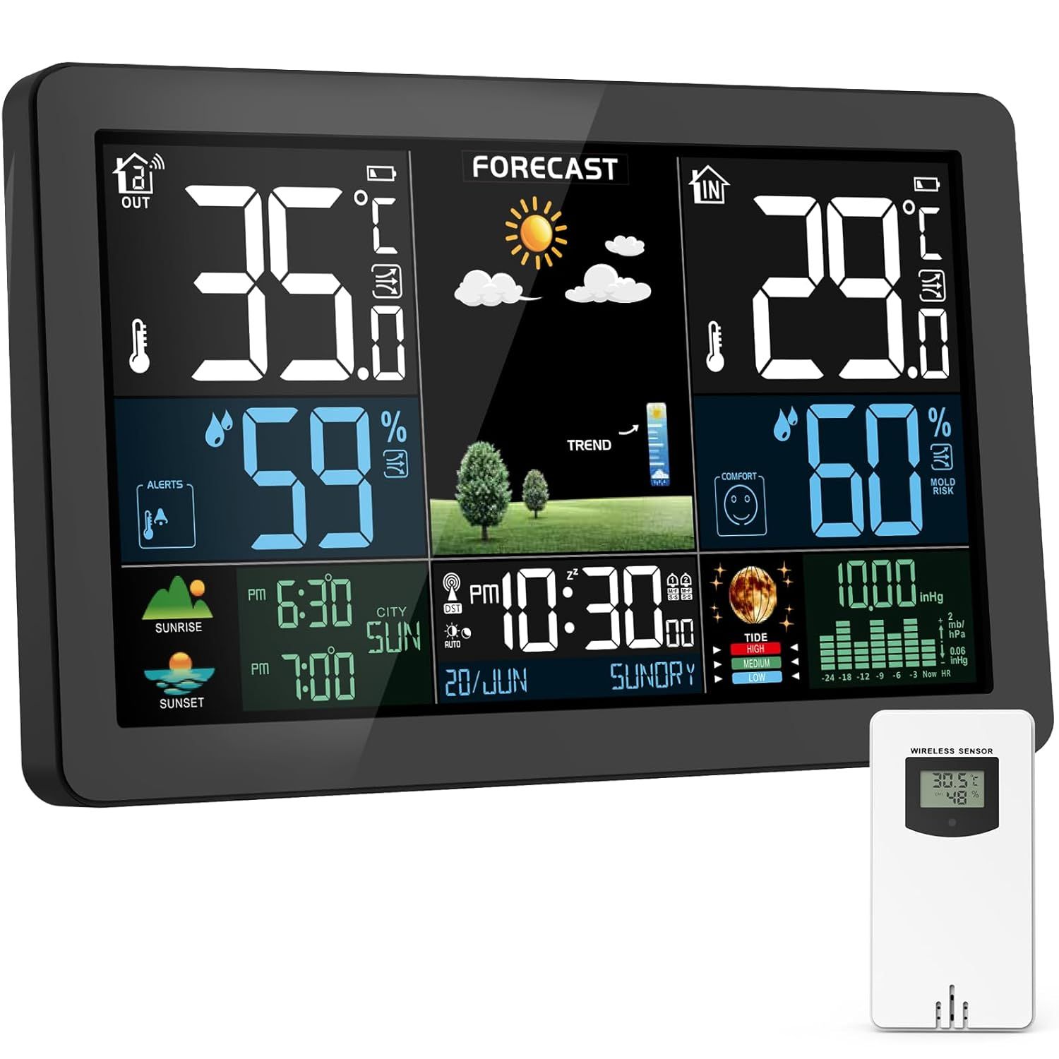 Station Meteo Interieur Exterieur Sans Fil,Previsions Meteorologiques,Affichage De La Temperature Et De L'Humidite Pression De L'Air Couleur,Dcf Radio-Reveil Reveil Meteo