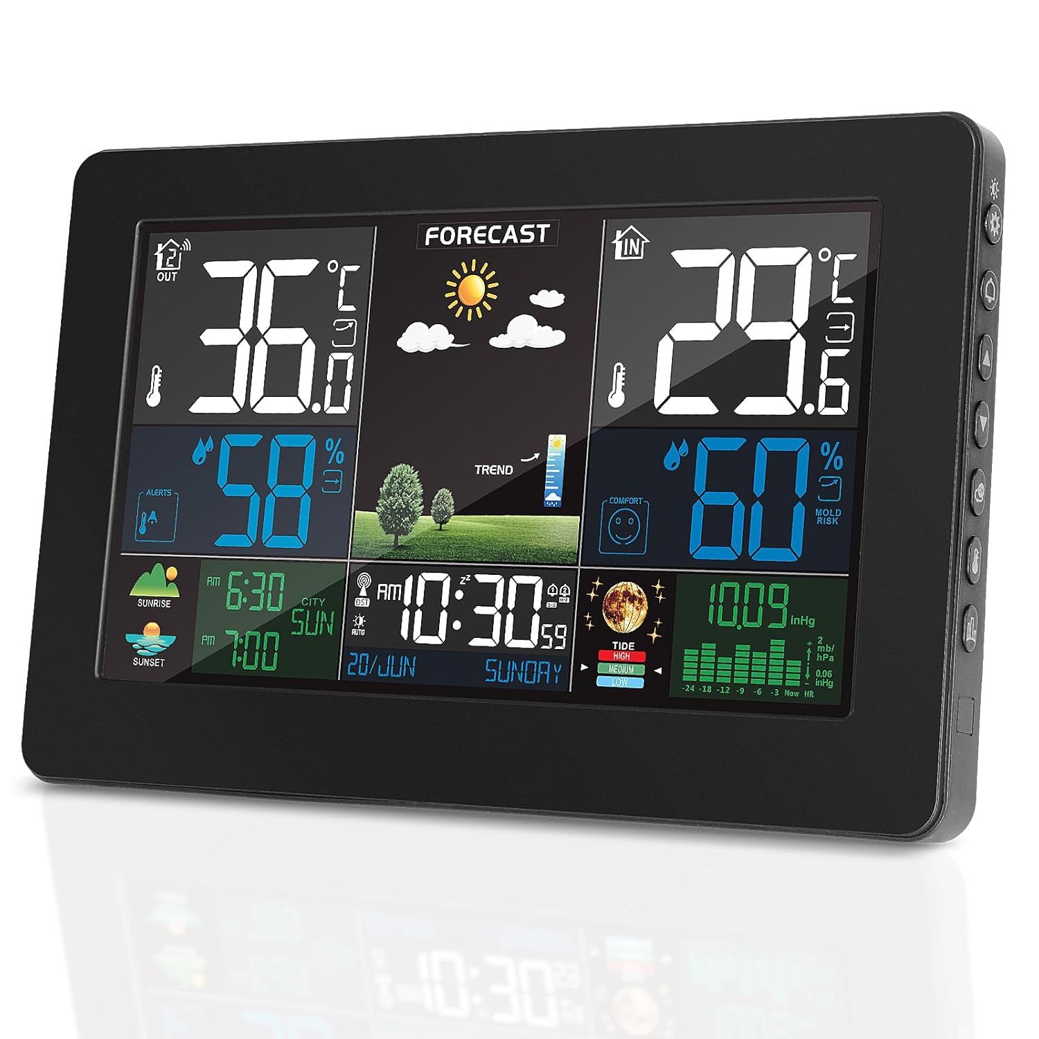 Station Meteo Avec Capteur Exterieur,Dcf Ecran Lcd Sans Fil Colore Meteorologique Numerique Barometre Phase De Lune Alarme Reveil Meteo Prevision Retroeclairage Reglable