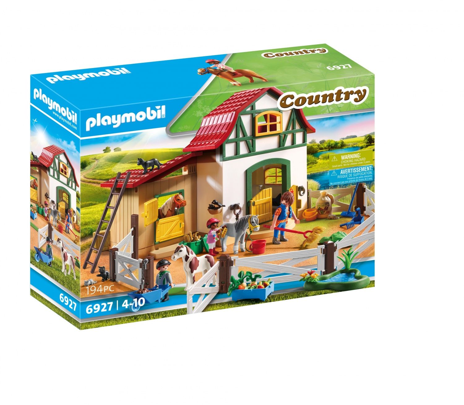 Playmobil 6927 Poney Club Country avec Trois Personnages Trois poneys Deux Boxes et Un enclos modulable Univers Equitation Animaux Dès