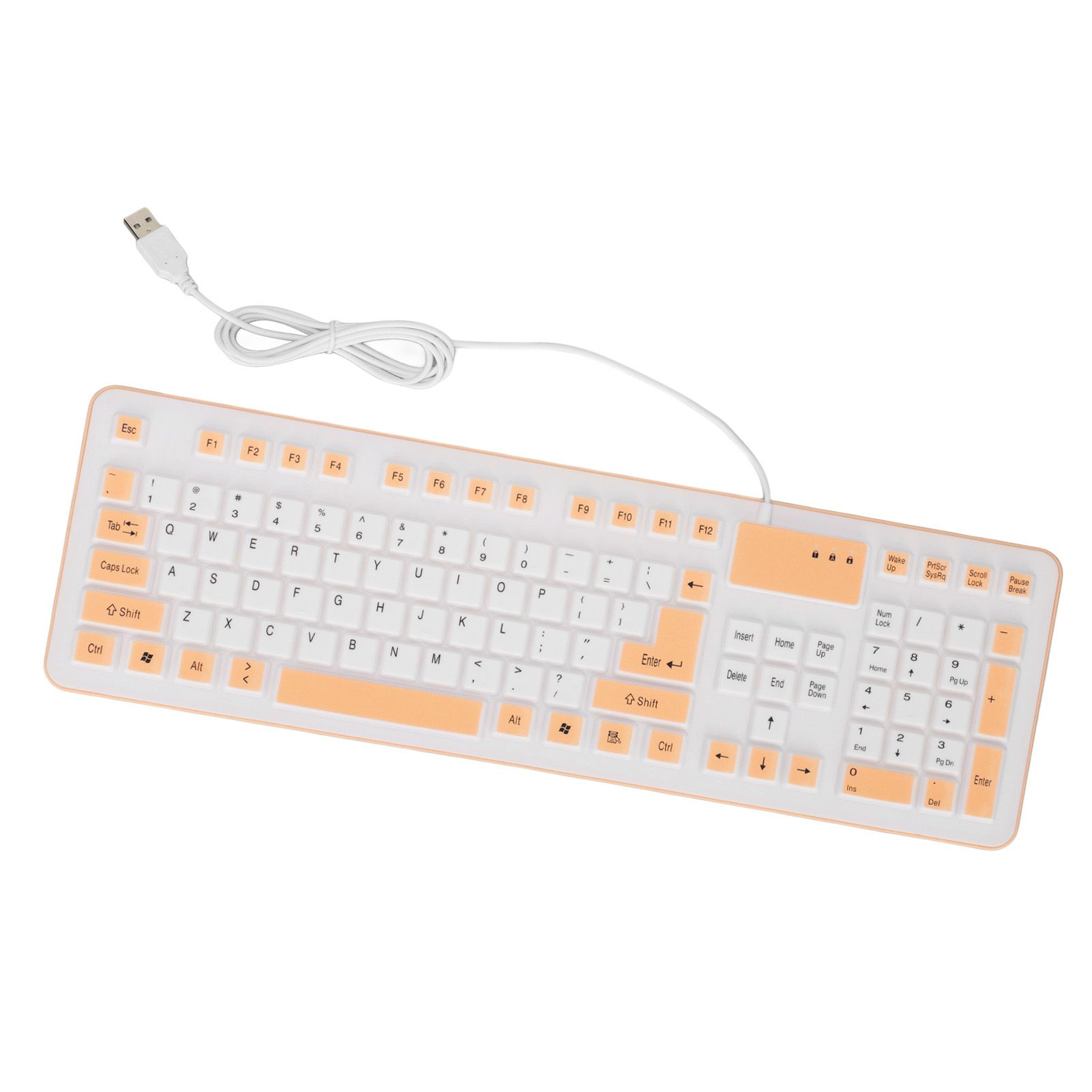 Clavier pliable en silicone 106 touches &eacute;tanche &agrave; la poussi&egrave;re pliable USB filaire clavier en silicone silencieux pour PC portable jeu orange