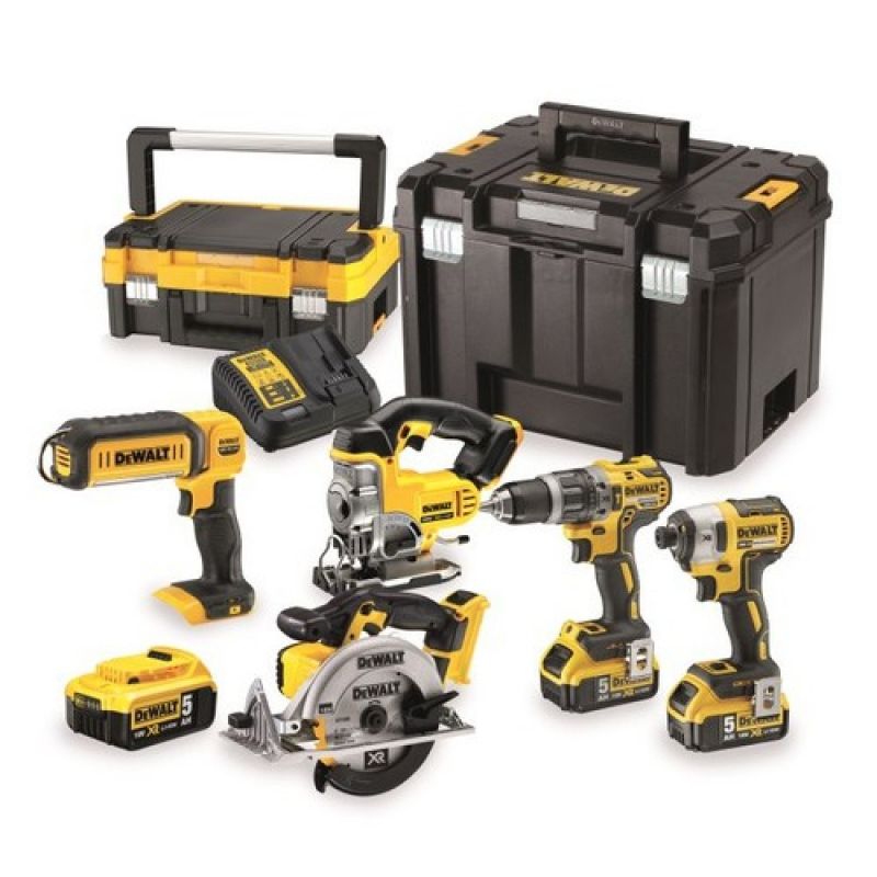 DeWALT Kit 5 outils 18 Volts Perceuse visseuse + visseuse à chocs + scie sauteuse + scie circulaire DCS391 + Lampe Dewalt DCK551
