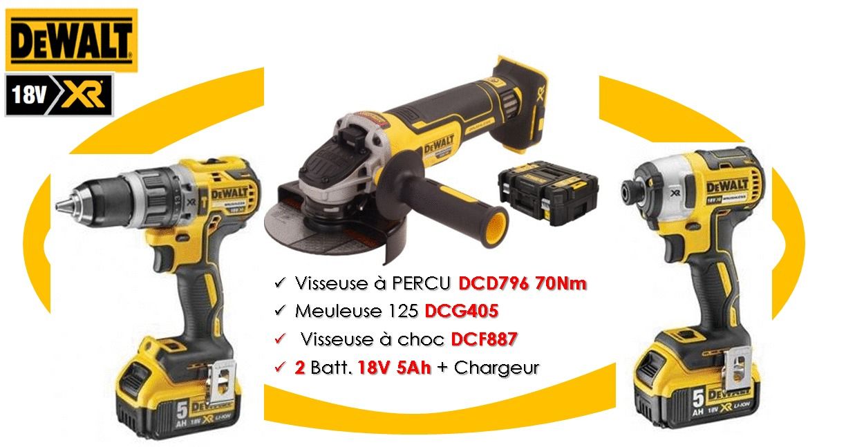 Pack de 3 outils 18V DCF887 + DCD796 + DCG405 + 2 batteries 5Ah + chargeur + coffret TSTAK DEWALT DCK384P2T QW - vue 2