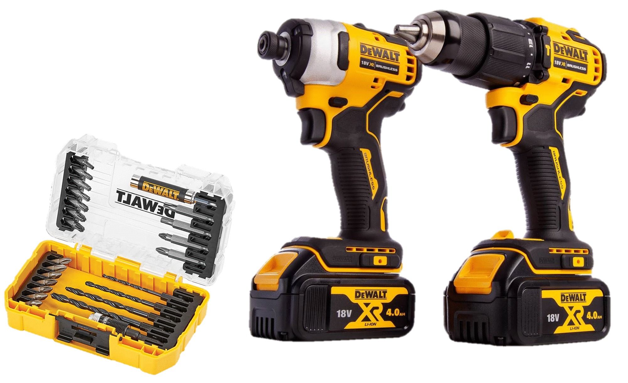 Dewalt Kit 2 outils XR 18V Brushless : perceuse visseuse à percussion + visseuse à chocs + 2 batteries 4Ah Li Ion + chargeur + coffret TSTAK DCK2062M2T