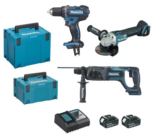 Ensemble de 3 machines 18 V Li Ion 4 Ah MAKITA Perceuse DDF482 + Meuleuse DGA504 + Perfo DHR241 2 batteries chargeur coffret - vue 2