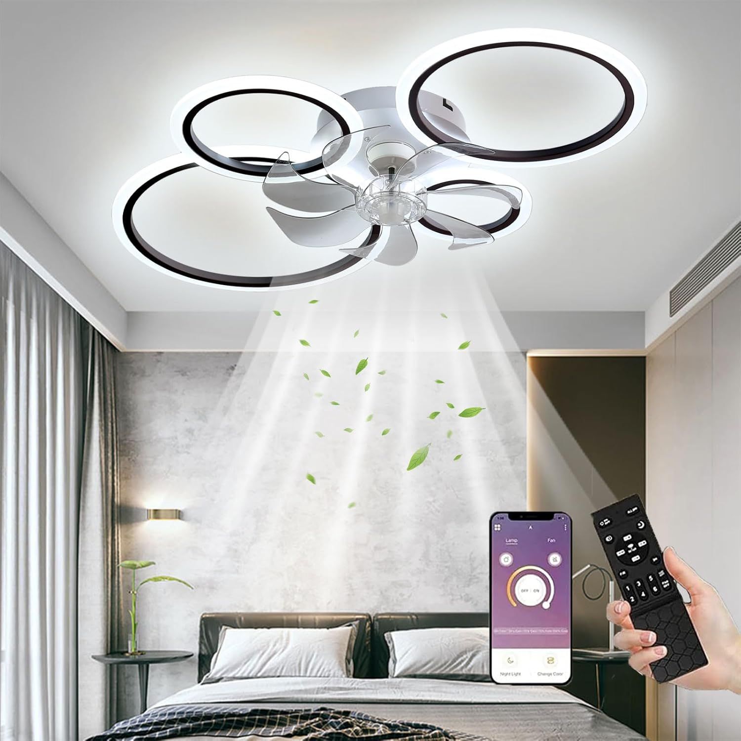 Ventilateur De Plafond Avec Lumiere,Plafonnier Led Avec Ventilateur Telecommande Silencieux,96W Variateur D'Intensite Minuterie Avec Ventilateur Pour Chambre A Coucher,Salon,Noir 80X12Cm