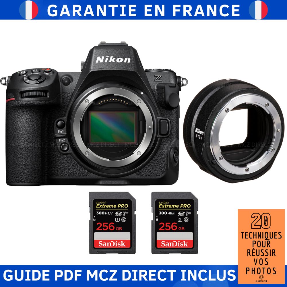 Nikon Z8 + FTZ II + 2 SanDisk 256GB Extreme PRO UHS-II SDXC 300 MB/s + Guide PDF MCZ DIRECT '20 TECHNIQUES POUR RÉUSSIR VOS PHOTOS