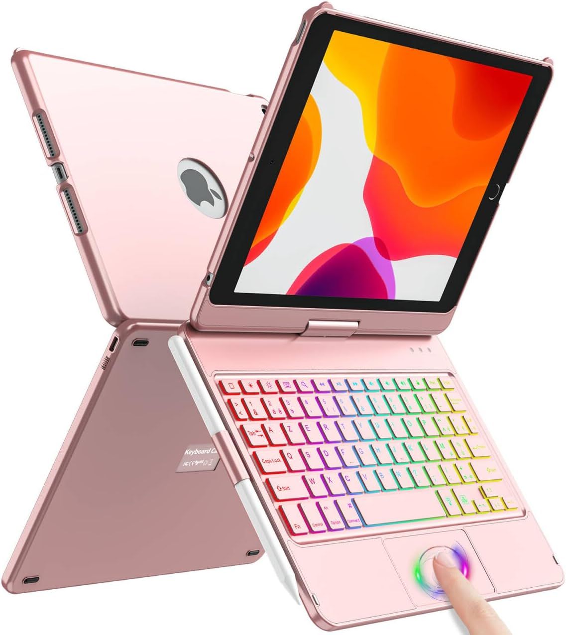 Clavier Coque Pour Ipad 9/8/7?me G?n?ration 10.2"" 2021/2020/2019, 360? Touchpad Flip Coque Dure Slim Cover, 7 R?tro?clairages, Clavier Bluetooth Avec Mise Veille/R?veil Automatique, Rose Gold