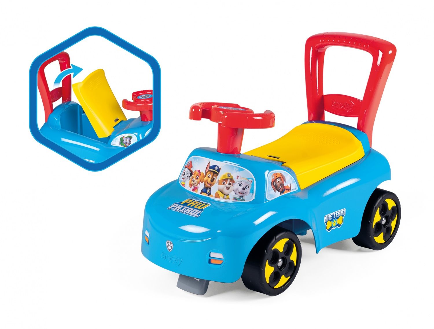 Smoby Porteur auto Pat'Patrouille Fonction Trotteur Butées anti bascule Coffre à jouets