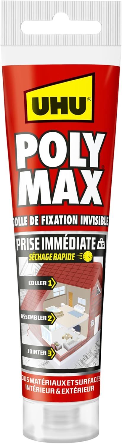 Polymax prise immédiate invisible- Mastic/colle de fixation MSP pour coller, assembler et jointer, toutes surfaces, ultra solide, sans solvants, transparent, tube 115 g