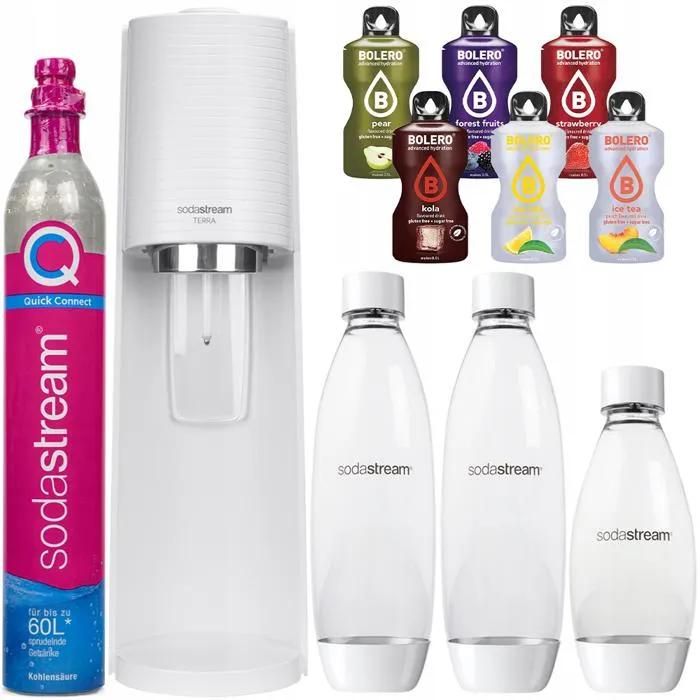 SodaStream Machine à Eau Pétillante Terra Pack 3 Bouteilles Classiques + Boissons en Bolero