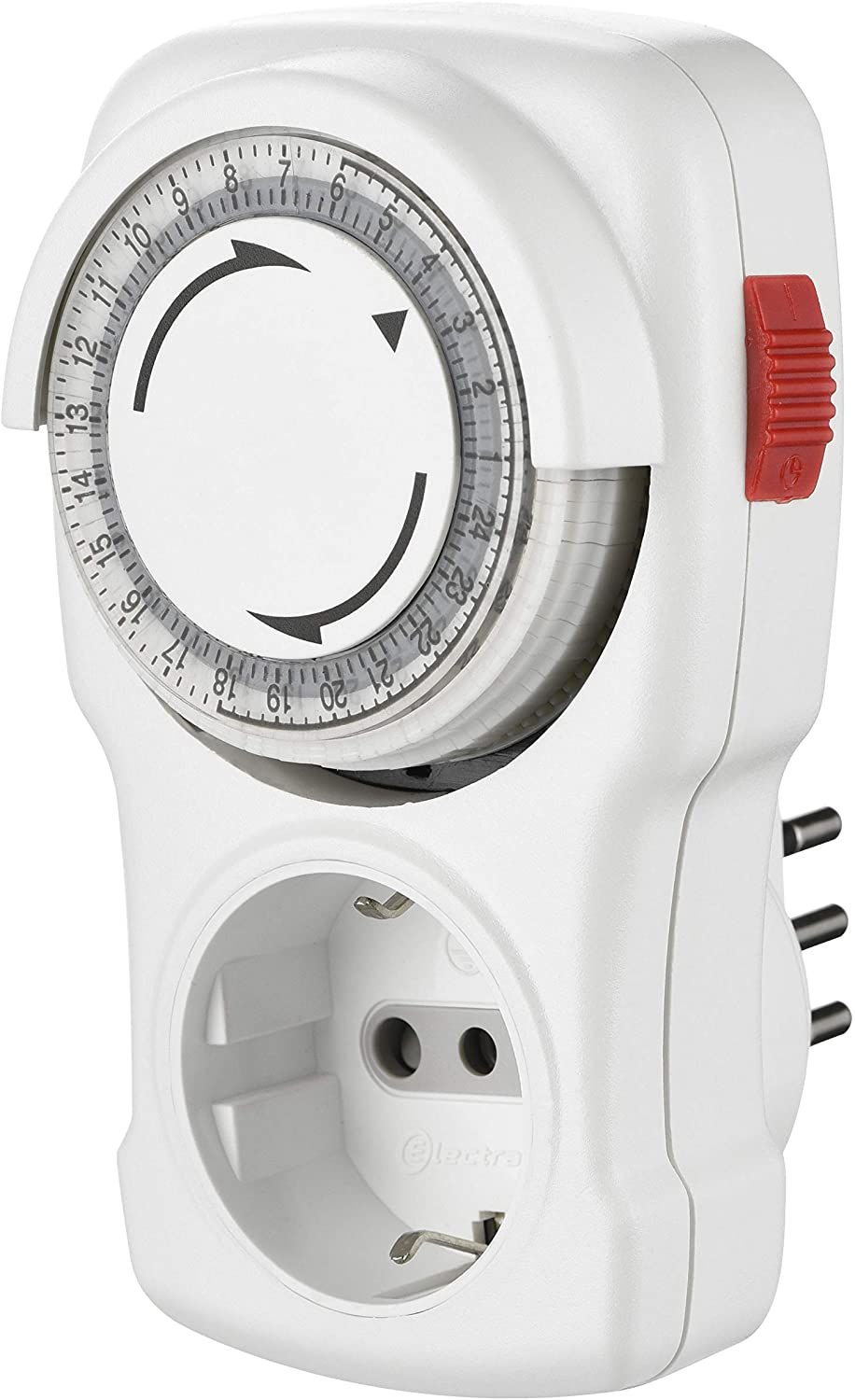 Electraline 58113 Programmateur minuterie mécanique journalier, petite fiche italienne 10 A, prise Schuko + 10 A, blanc