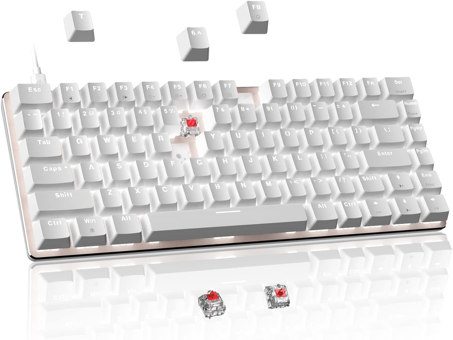 Clavier Mecanique De Jeu Remplaçable A Chaud,Interrupteur Rouge Filaires A 82 Touches Clavier Compact Ergonomique Retroeclaire Par Led Blanche Anti-Fantômes Pour Pc Windows Et Mac Ps4 Gamer,Blanc