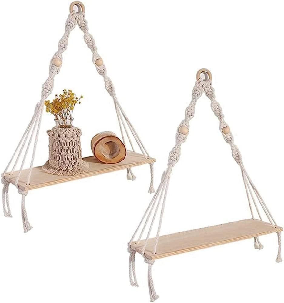 Lot De 2 Étagères Murales Bohème Avec Étagère En Bois Pour Plantes, Etagere Murale Bois, Etagere Rangement Jardiniere Murale, Tablette Murale Étagère Bois