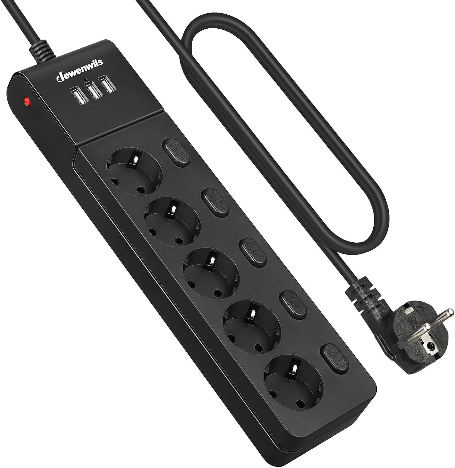 Multiprise À Interrupteur Unique, 5X Multiprise Avec Protection Contre Les Surcharges, 3M Multiprise Murale Avec 3 Ports Usb, Sécurité Enfants, Orientée À 45°, Noir