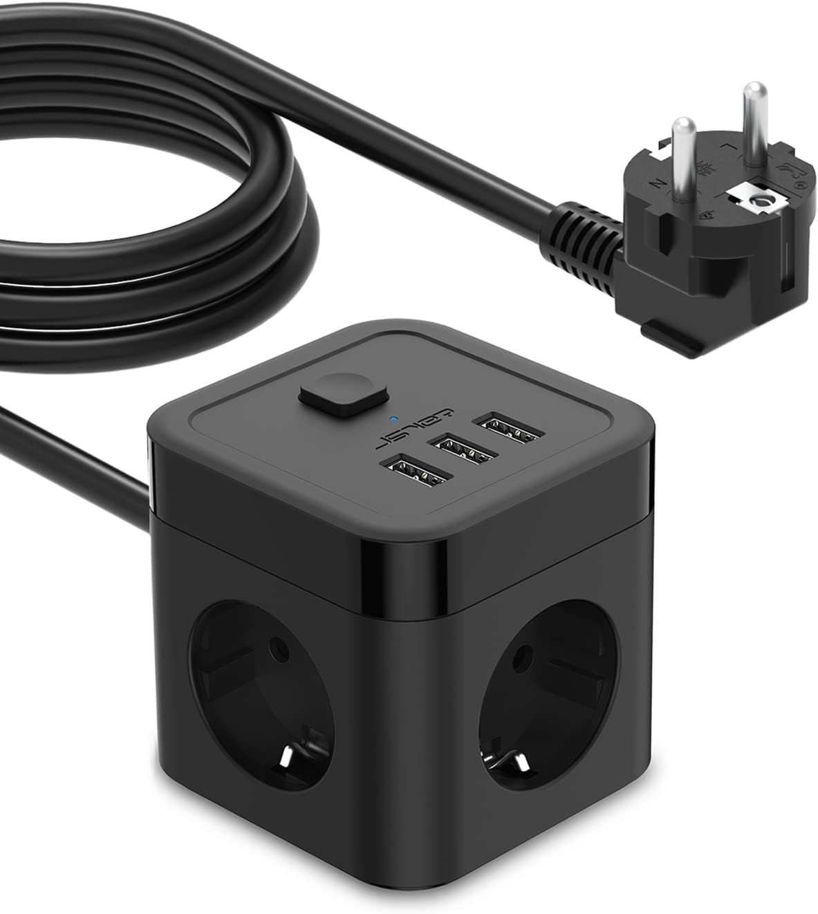 Cube Multiprise 3M Avec Usb 3 Prises Avec 3 Ports Usb Chargeur De Voyage Bloc Multiprise Électrique Avec Interrupteur 3680W 16A,Cable 3M Pour Smartphone Tablette- Noir