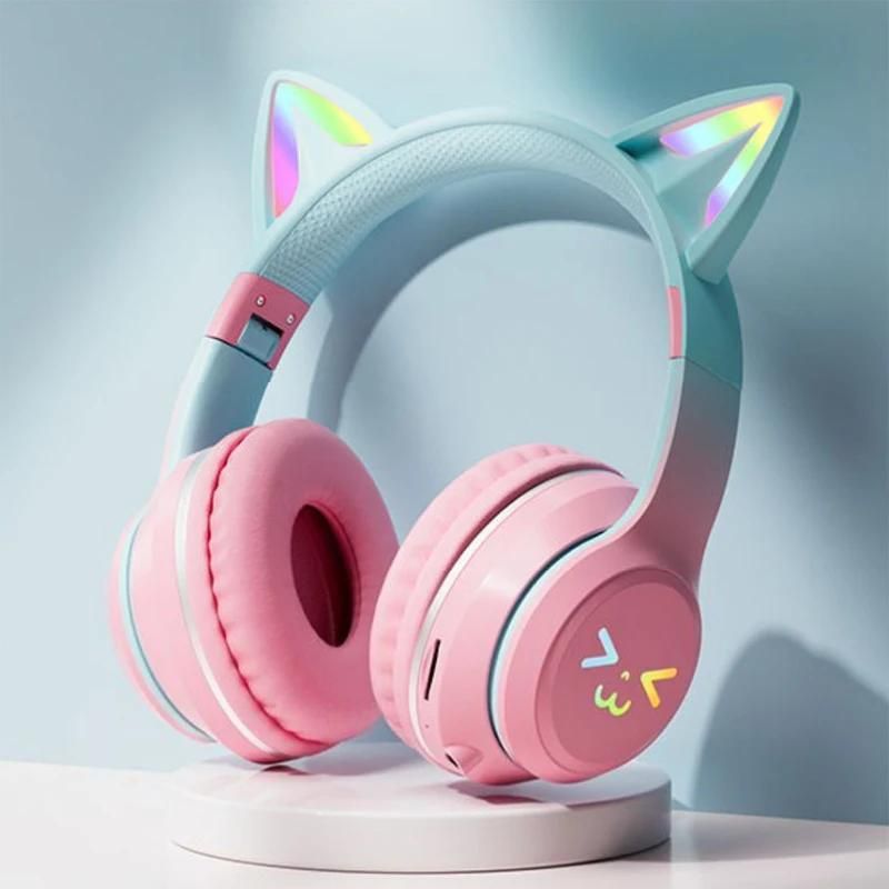 Casque TWS avec oreilles de chat, lumière RVB, polaire, visage nickel é, rose, écouteur pour petite fille, adapté à tous les téléphones, sauna, cadeau, nouveau-Pink Cat