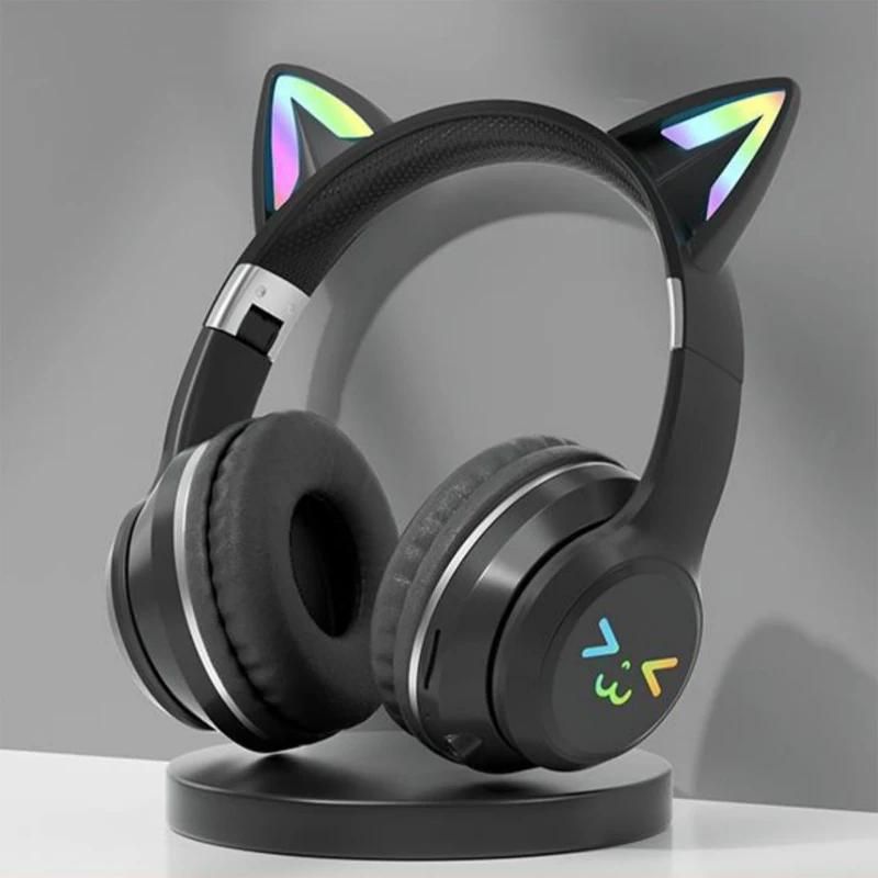 Casque TWS avec oreilles de chat, lumière RVB, polaire, visage nickel é, rose, écouteur pour petite fille, adapté à tous les téléphones, sauna, cadeau, nouveau-Black Cat