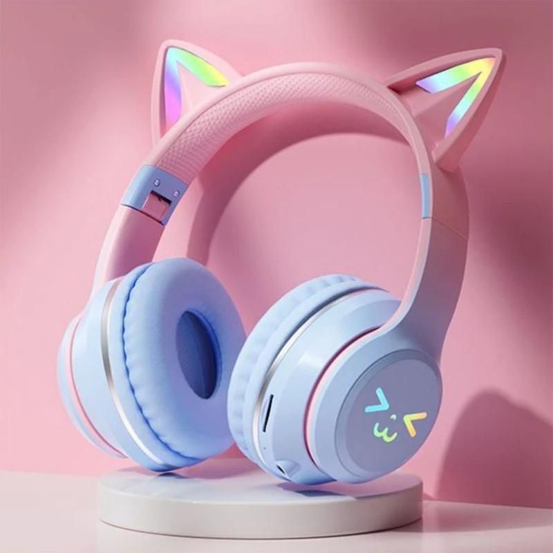 Casque TWS avec oreilles de chat, lumière RVB, polaire, visage nickel é, rose, écouteur pour petite fille, adapté à tous les téléphones, sauna, cadeau, nouveau-Blue Cat