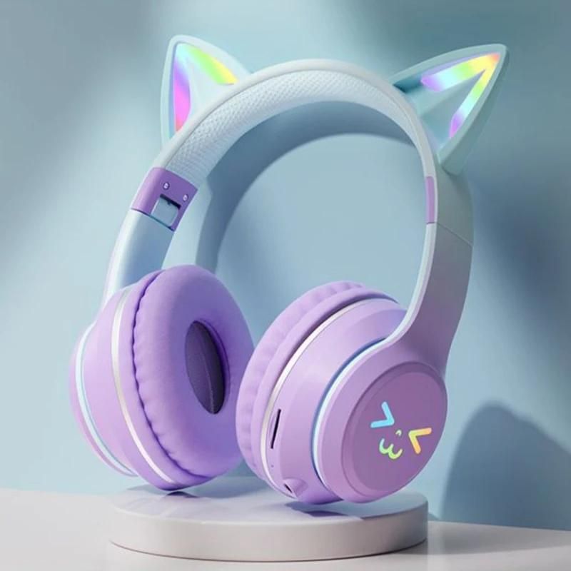 Casque TWS avec oreilles de chat, lumière RVB, polaire, visage nickel é, rose, écouteur pour petite fille, adapté à tous les téléphones, sauna, cadeau, nouveau-Purple Cat